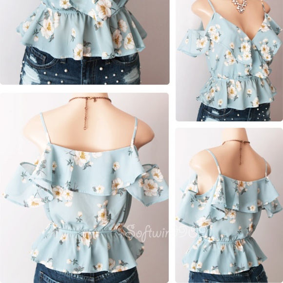 Light Blue Floral Ruffle Cold Shoulder Cropped Top - Picture 4 of 8